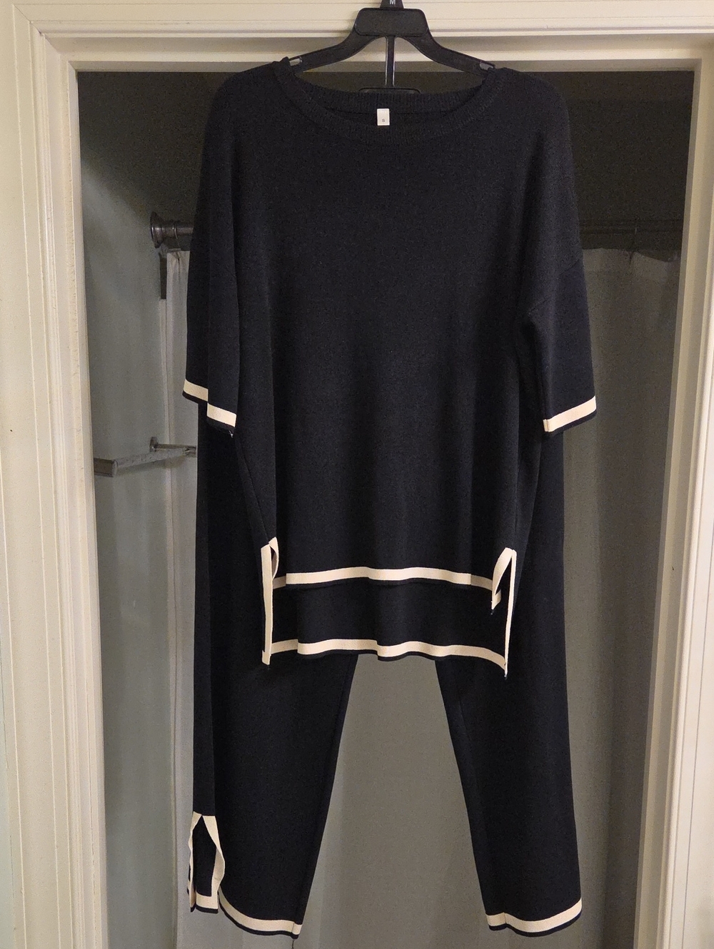 Black Knit Sweater 2-piece Set with Cream Trim